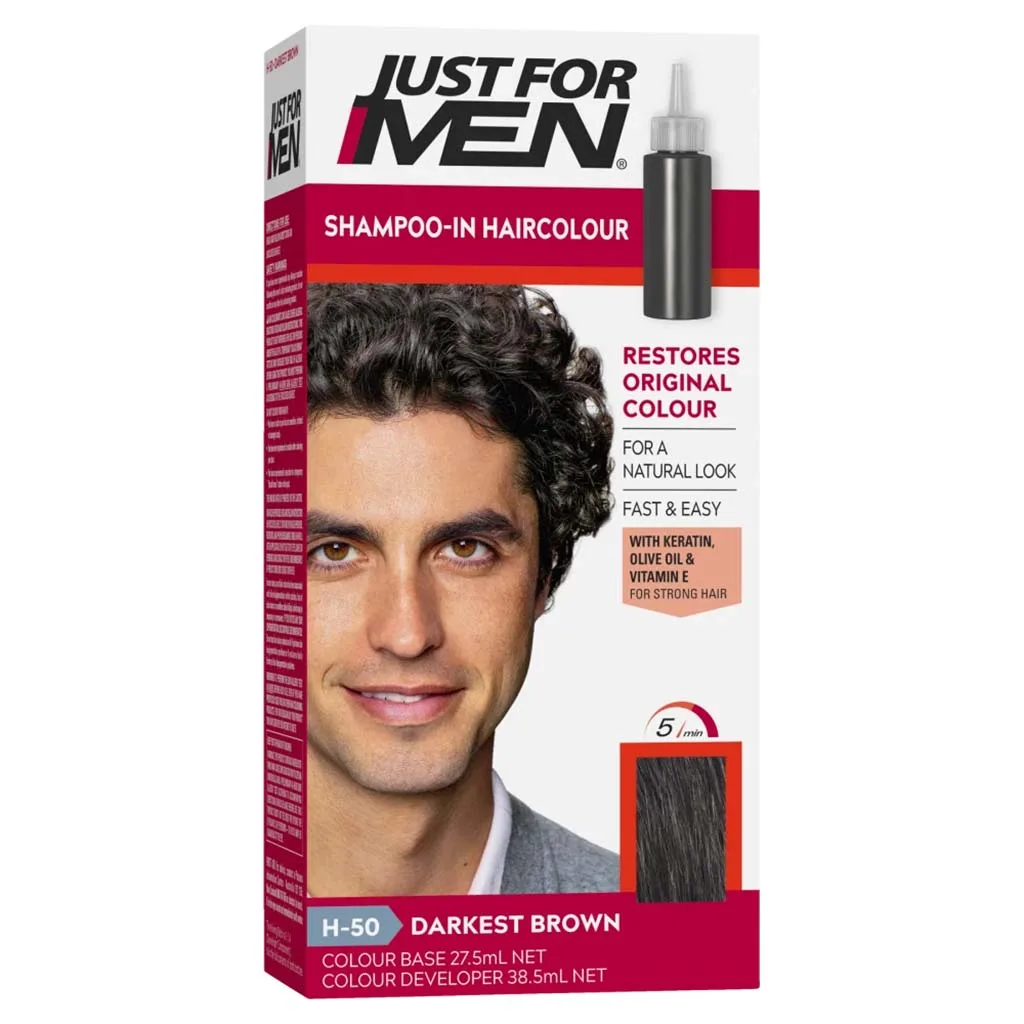 شامپو رنگ مو مردانه جاست فور من Just For Men مدل Shampoo-in Hair Colour، پوشش 100٪ موهای سفید در 5 دقیقه — رنگ H-55 REAL BLACK (مشکی)
